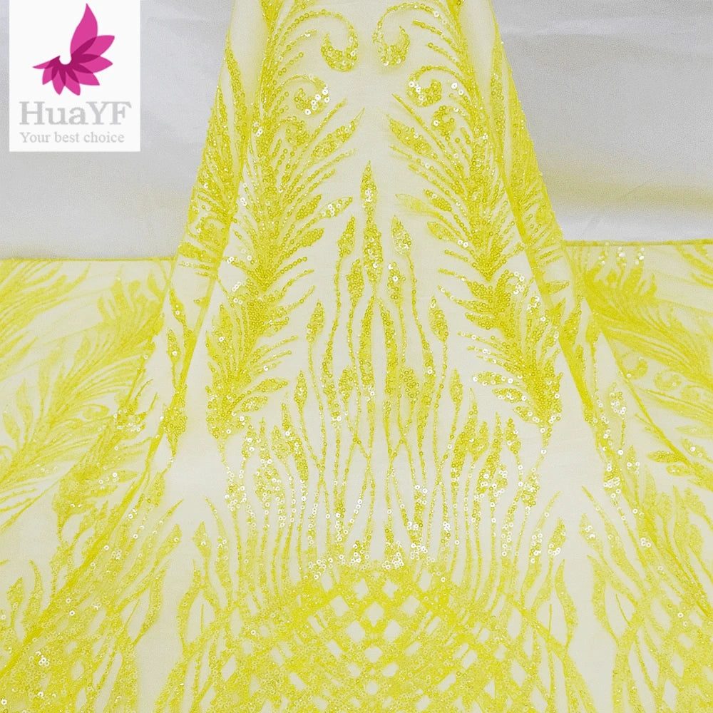 HY1723 Exquisite Embroidered Tulle Yellow Lace Fabric With Sequins Materials Wholesale Party Dresses Fabric