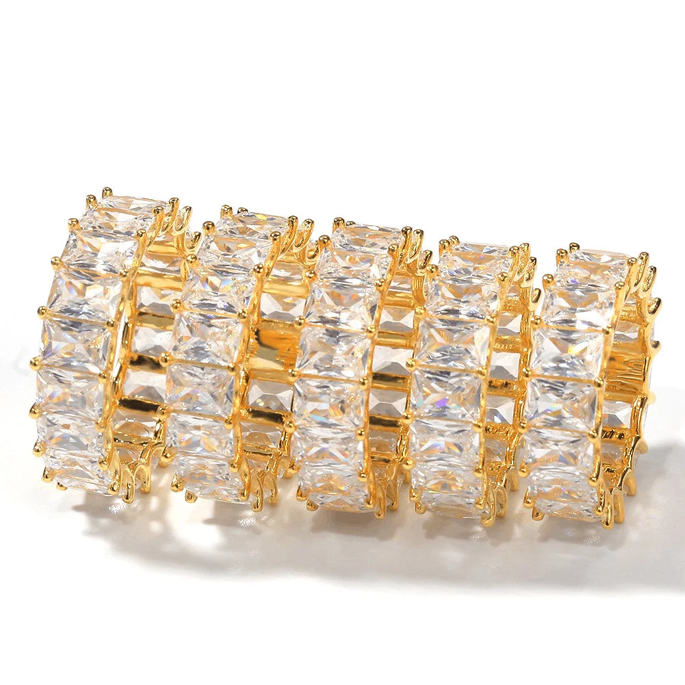 Hip Hop Eternity Brass Alloy baguette Diamond Ring Gold Jewelry Finger Rings