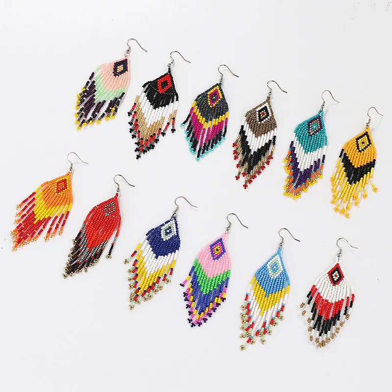 Bohemian Ethnic Style Handmade Colorful Seed Beaded Earrings for Women Personalized Geometric Tassel Earrings Jewelry