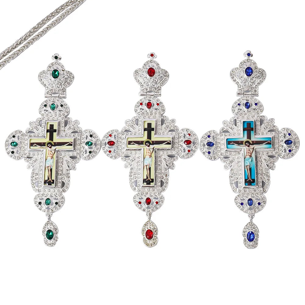 ZD002 Christ Silver Plated Large Size Alloy Orthodox Bishop's Pectoral Cross Necklace with Customize Stones