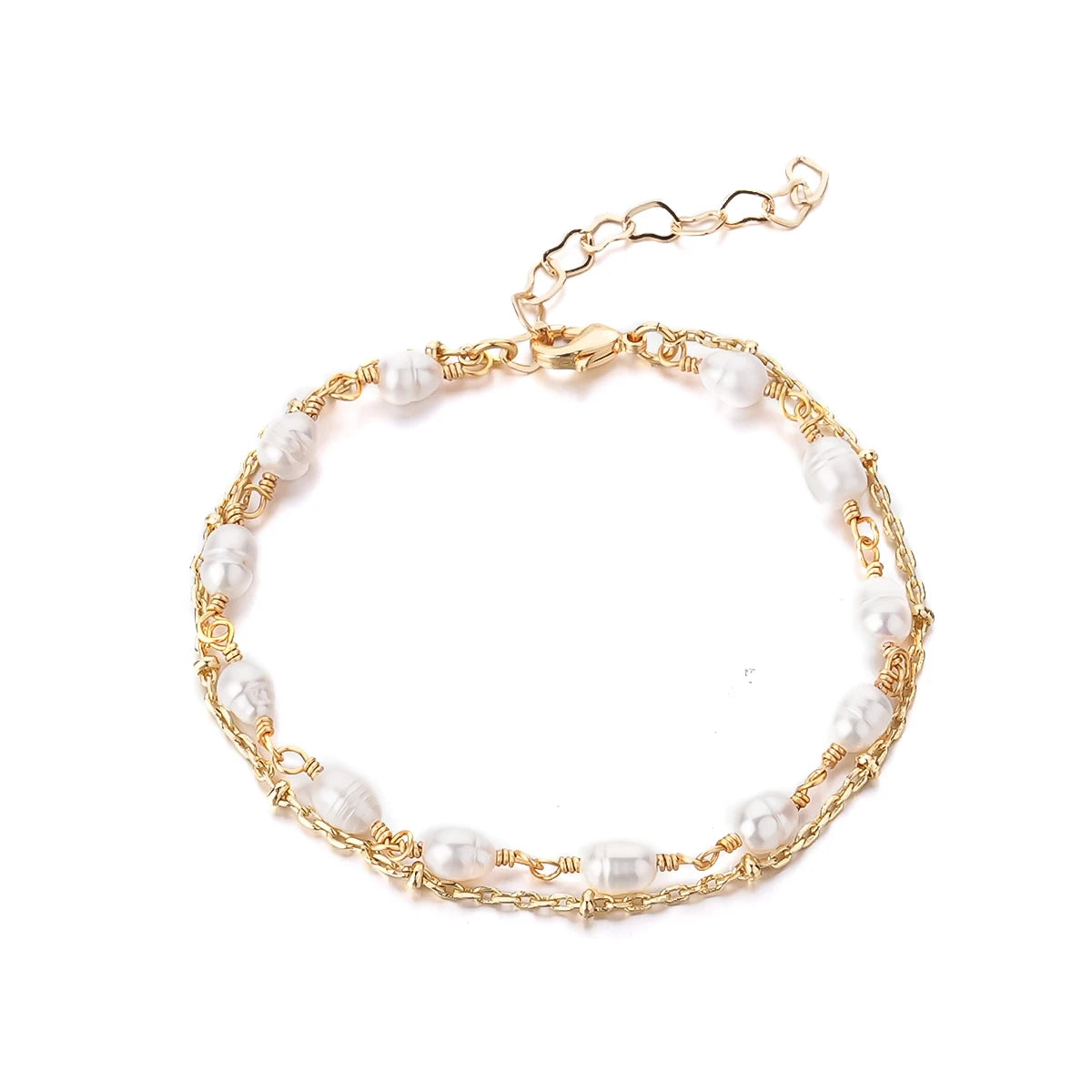 18k Real Gold Double Natural Freshwater Baroque Pearl Retro Elegant Adjustable Bracelet for Women