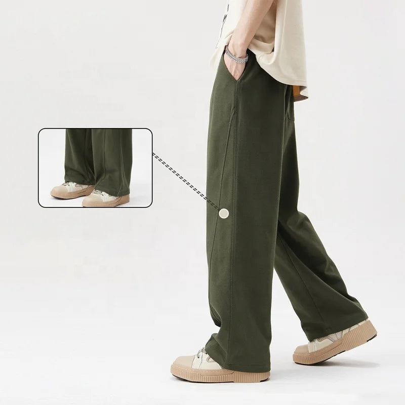 Men's Heavyweight Twill Straight Wide Leg Pants Rainbow Spray 270G Sport Ins Casual Track Pants Mid Waist Drawstring Solid Color