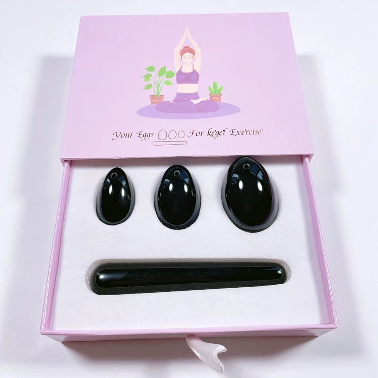 Hongzhuo 4 Pcs Drilled Natural Yoni Jade Eggs Massage Stone Stick Women Kegel Exercise Train Pelvic Muscles Black Obsidian Yoni Egg Set