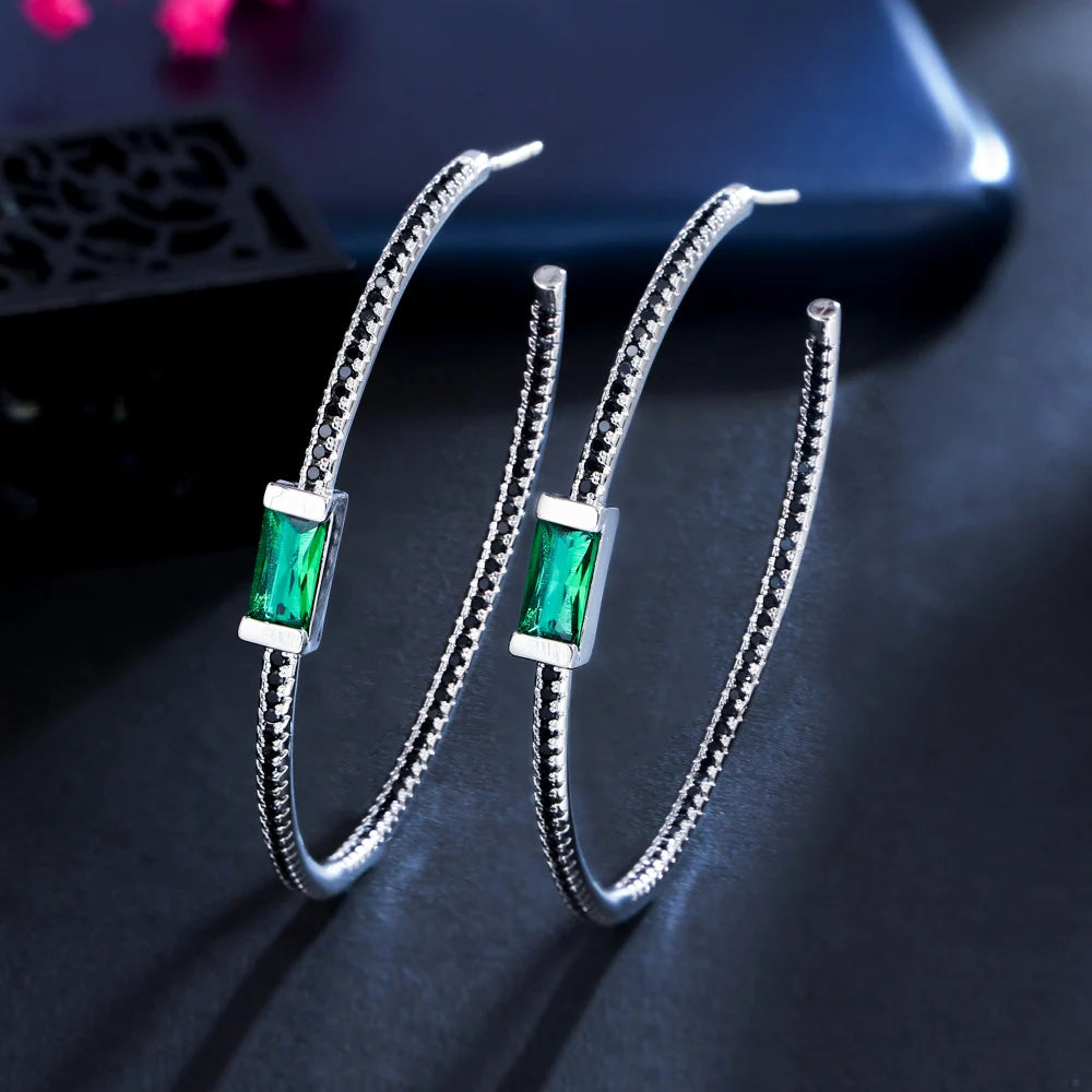 New Trendy Black and Green Cubic Zirconia Big Oversized Thin Round Circle Hoop Earrings for Women Silver Plated Party Jewelry