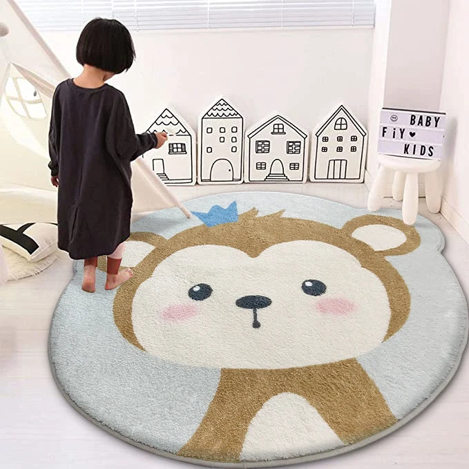 Animal Faux Cashmere Round Baby Play Mat Cute Soft Plush Washable Kids Floor Mat Children's Area Rug Carpet for Kidsroom
