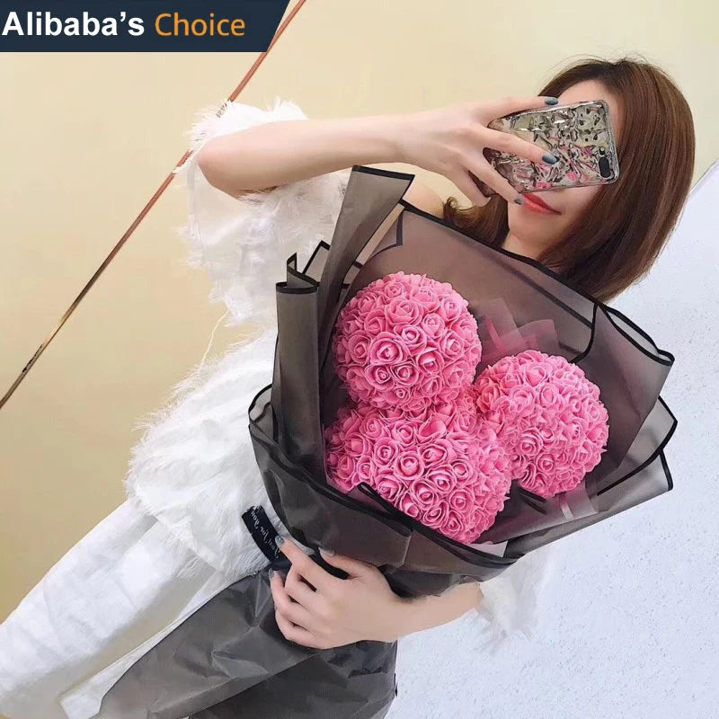 PE Preserved Rose Bear Wedding Real Touch Artificial Foam Flower Rose Mickey Bouquet for Romantic Valentine's Day Girlfriend