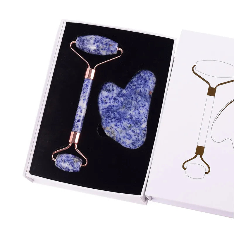 Diy Wholesale Jade Roller Guasha Blue Spot jasper Sawtooth Roller Gua Sha Set and Replaceable Head