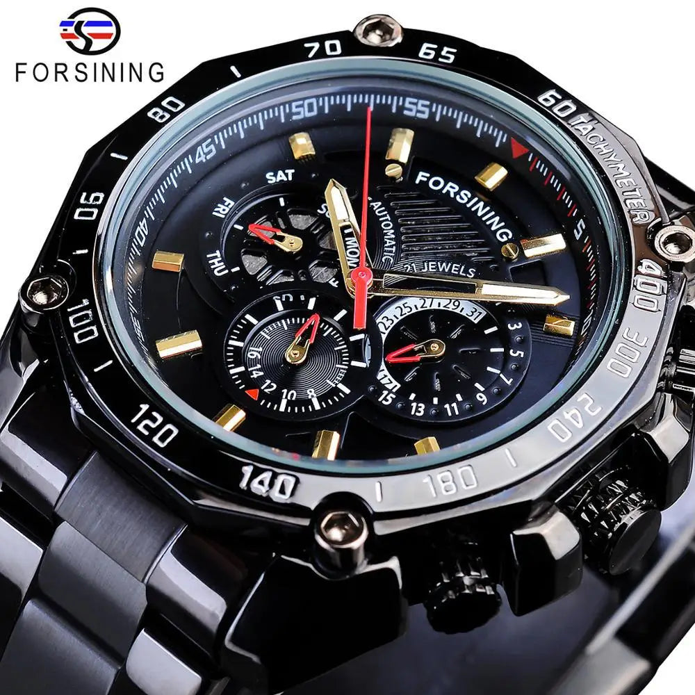 Forsining Golden Stainless Steel Three Dial Design Mens Racing Sport Automatic Wrist Watches Top New Luxury Relogio Mechanical
