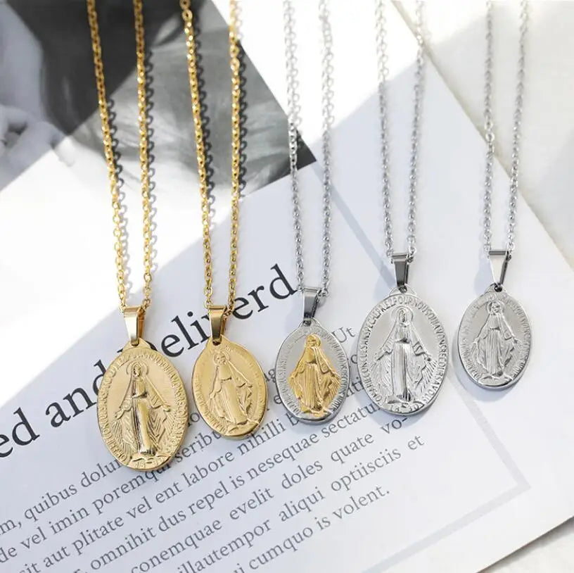4 Sizes Religious Catholic Christian Jewelry Stainless Steel 18k Gold Silver Medal Virgin Mary Pendant Necklace for Women Girls