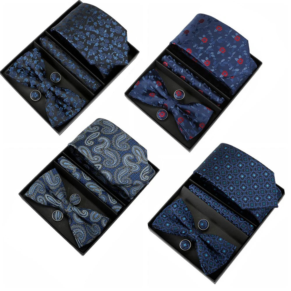 5pcs Cufflinks Set and Tie Box for Men Bowtie Handkerchief Neck Tie Set Mens Blue Tie Set