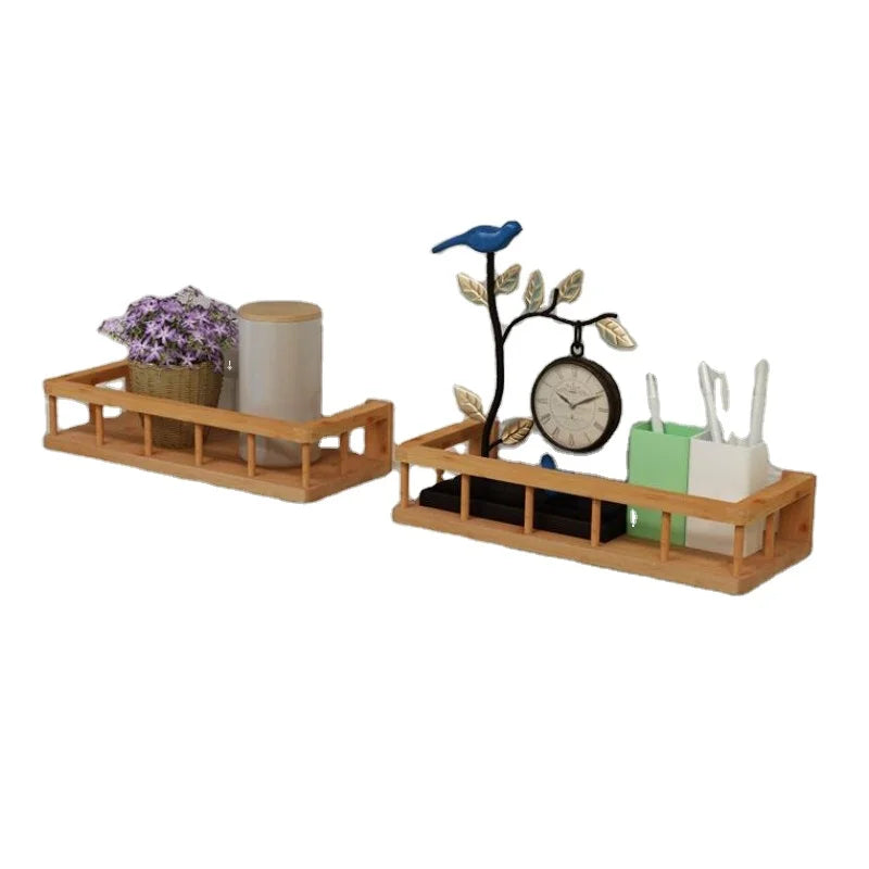 Bamboo Kitchen Wall Storage Shelf Wall Hanging Spice Seasoning Rack Wooden Decorative Sundries Organizer Shelves