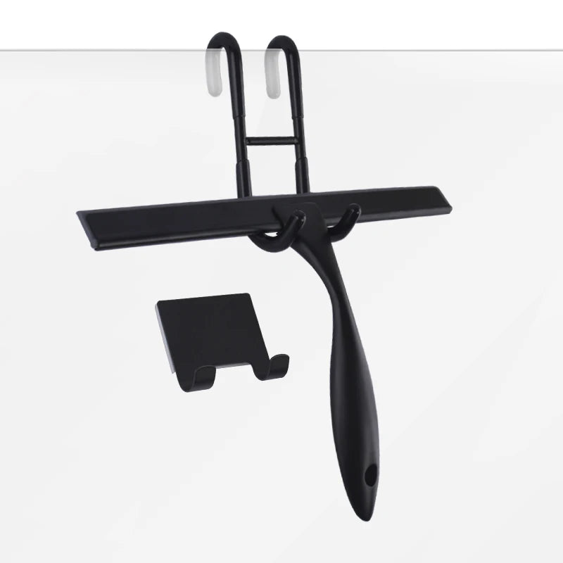 Custom Packaged 10-Inch Black Silicone Window Squeegee with Hook Functional Shower Glass Cleaning Brush