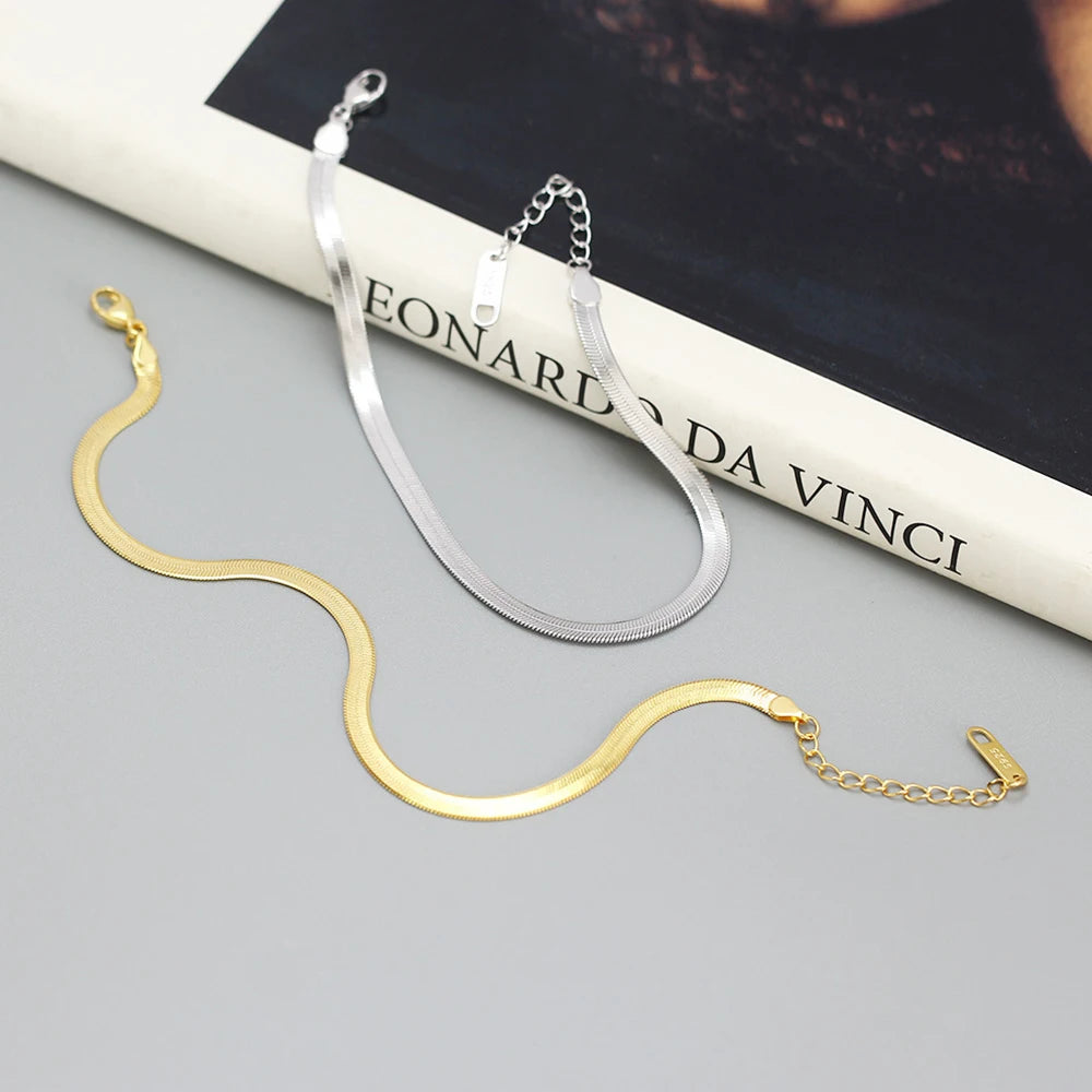 18K Gold & 925 Sterling Silver Plated Luxury Charm Stacking Herringbone Flat Snake Bone Chain Bracelet for Women Fashion Jewelry