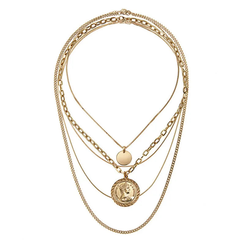 New Punk Multi Layers Chains Metal Coin Pendant Necklace Charms Plated Statement Chokers for Women Gift Fashion Jewelry