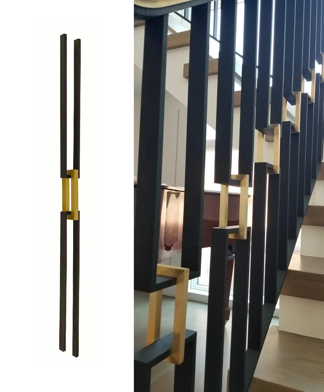 Modern Luxury Wrought Iron and Brass Stair Baluster & Railing System with Sand Blasted Anti-Rust Oil Finish Customizable Height