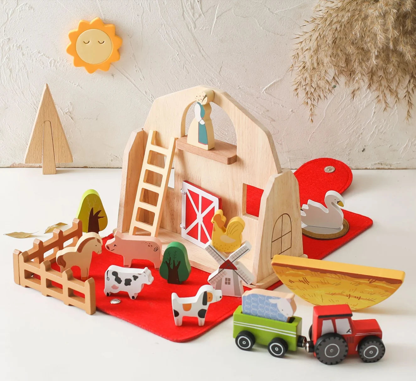Wooden Farm Play Set for Kids Educational Pretend Play Toy With Animals Barn Tractor and Farmer Montessori Toy