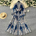 LW0736 Holiday Dress Women'S Spring Dress Stand Collar Lantern Sleeve Single Breasted Printed Pleated Long Skirt Plus Size Dress