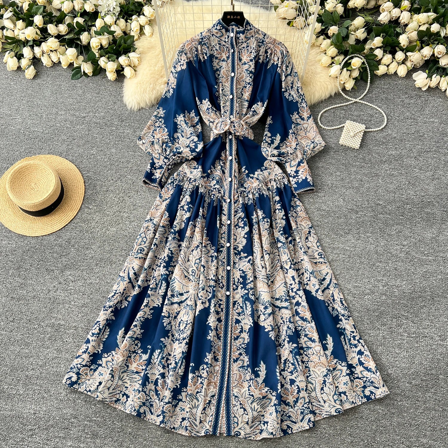 LW0736 Holiday Dress Women'S Spring Dress Stand Collar Lantern Sleeve Single Breasted Printed Pleated Long Skirt Plus Size Dress