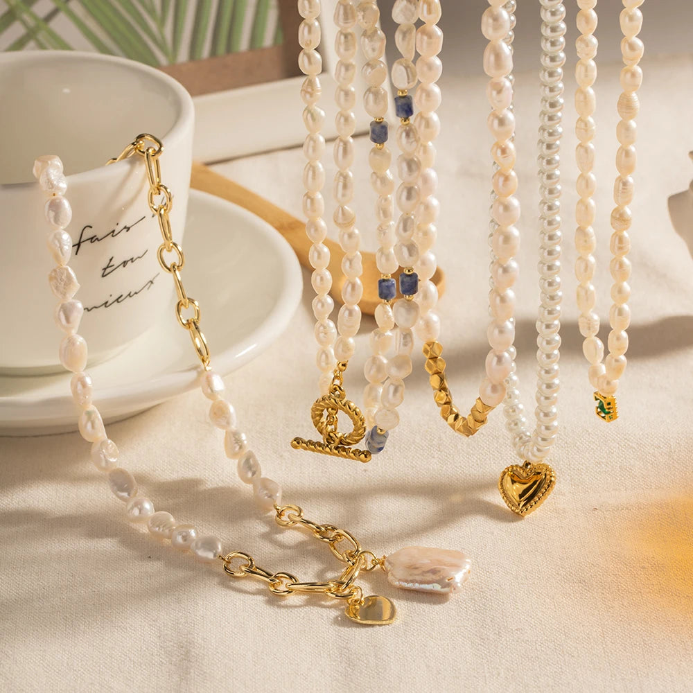 Waterproof OT Buckle Green Zirconia Charm Choker Stainless Steel Lapis Stone Heart Freshwater Pearl Necklace MegaBDM