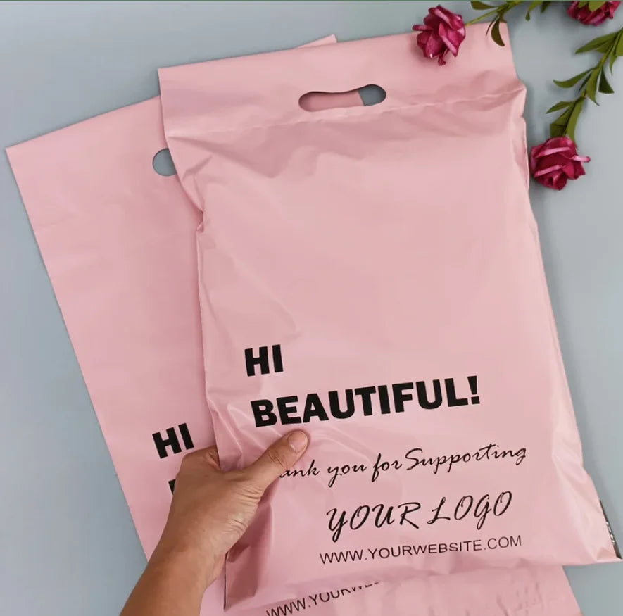 100pcs Custom Handle Online Business Packing Pink Poly Mailer Bags With logo Printed