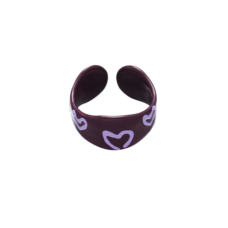 Cute Y2K Fashion Trendy Hand Painted Oil Dripping Heart Enamel Ring Brass Material for Women and Girls