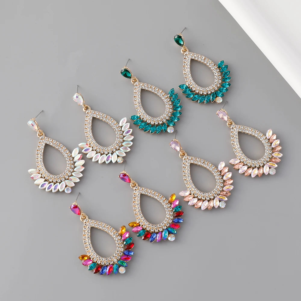 Trendy Glass Gemstone Dangle Earrings Colored Rhinestone Hollow Geometric Earrings for Lady