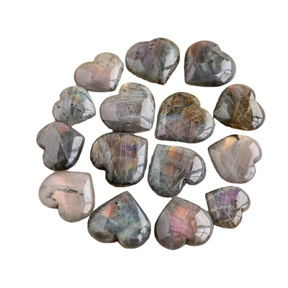 Natural Carved Crystal Purple Light Labradorite Crystal Heart Healing Stone Home Decoration