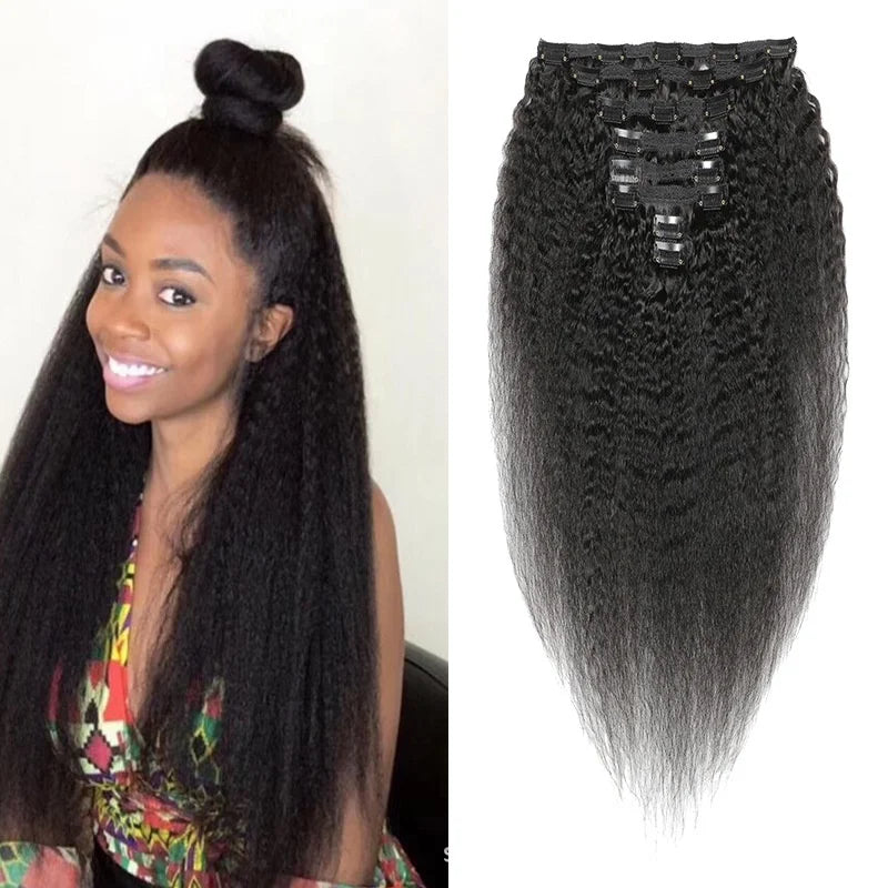 Kinky Straight Brazilian Remy Human Hair Extensions for Women 8pcs 120g/set Full Head Double Drawn Yaki Straight Hair Extensions