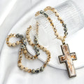 New Bohemian Fashion Women's Jewelry 8mm Dalmatian Jasper Natural Stone Glass Knotting Necklace Big Resin Cross Pendant Necklace