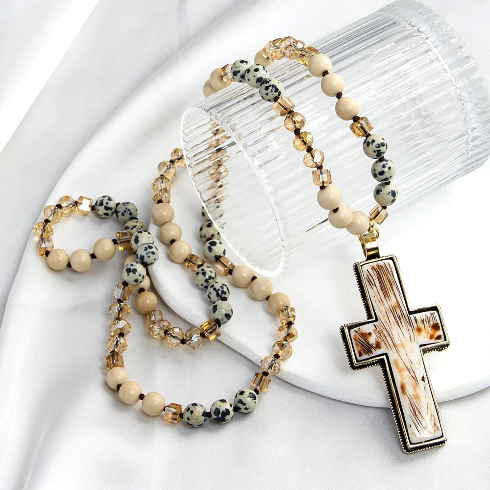 New Bohemian Fashion Women's Jewelry 8mm Dalmatian Jasper Natural Stone Glass Knotting Necklace Big Resin Cross Pendant Necklace