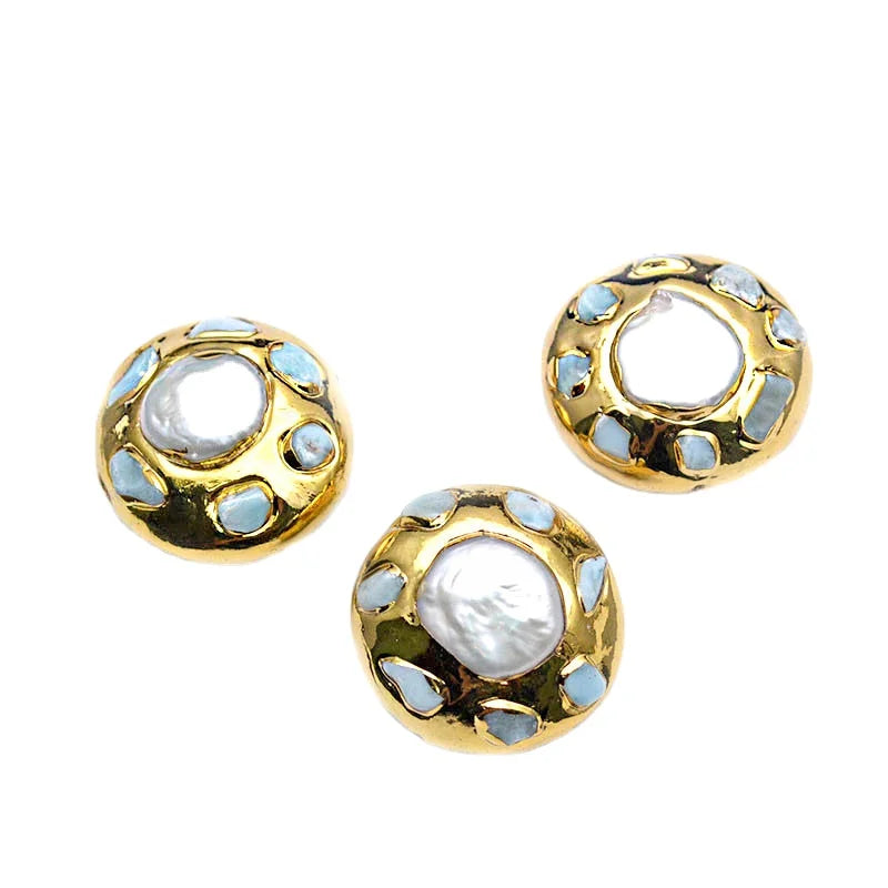 Luxury Jewelry Making Accessory 25x25mm Big Size Natural Freshwater Pearl and Lalima Stone Gold Plating Flat Round Loose Beads