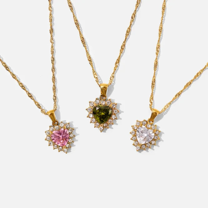 Fashion Jewelry Colorful Gemstone Cz Stone Necklace Hypoallergenic Stainless Steel Waterproof  Diamond Heart Necklace for Women