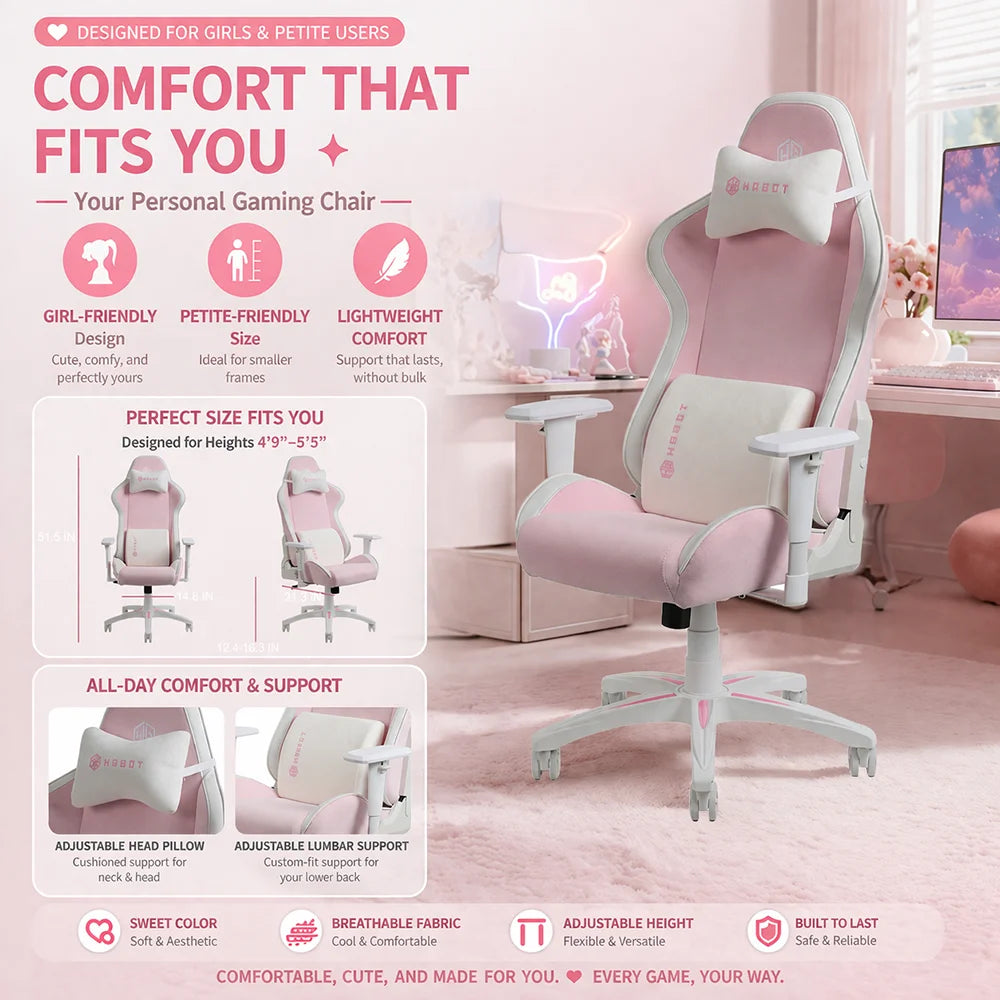 HOBOT Modern Ergonomic Fabric Racing  Pink Swivel Racing Gaming Chair