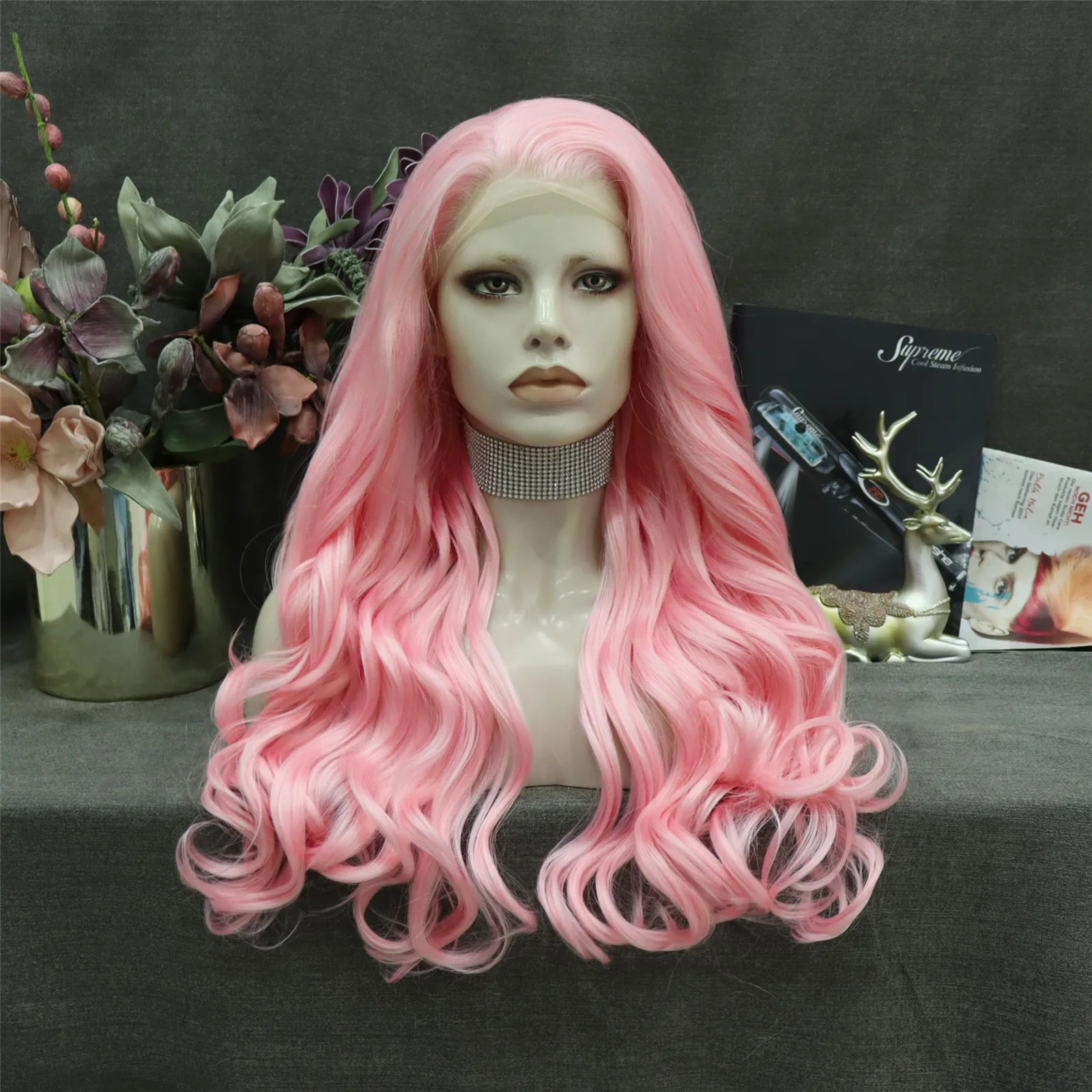 High Density 150% 180% Colored Wig pink Color Futura Heat Resistant Fiber Middle Part t Part Synthetic Wig