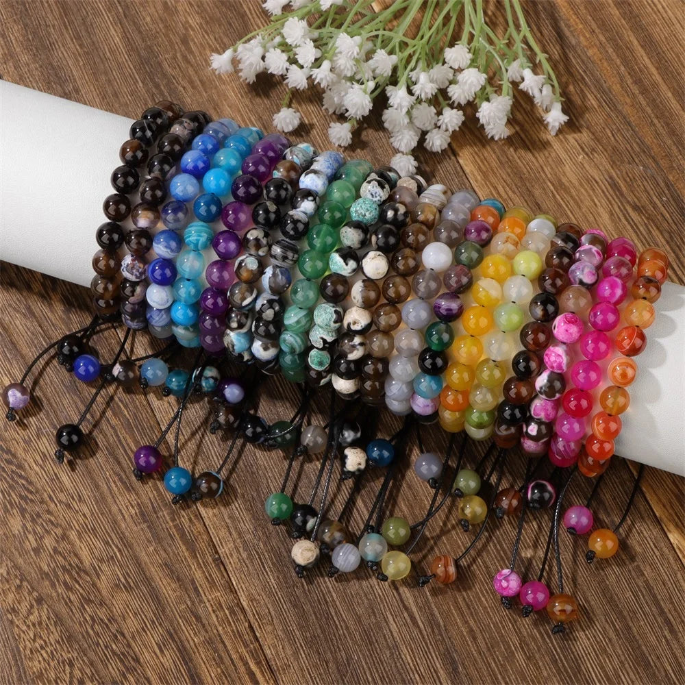 8mm Natural Stone Beaded Bracelet Handmade with Crystal Agate Adjustable String Wrap Bracelet for Women Men Boho Chic Jewelry