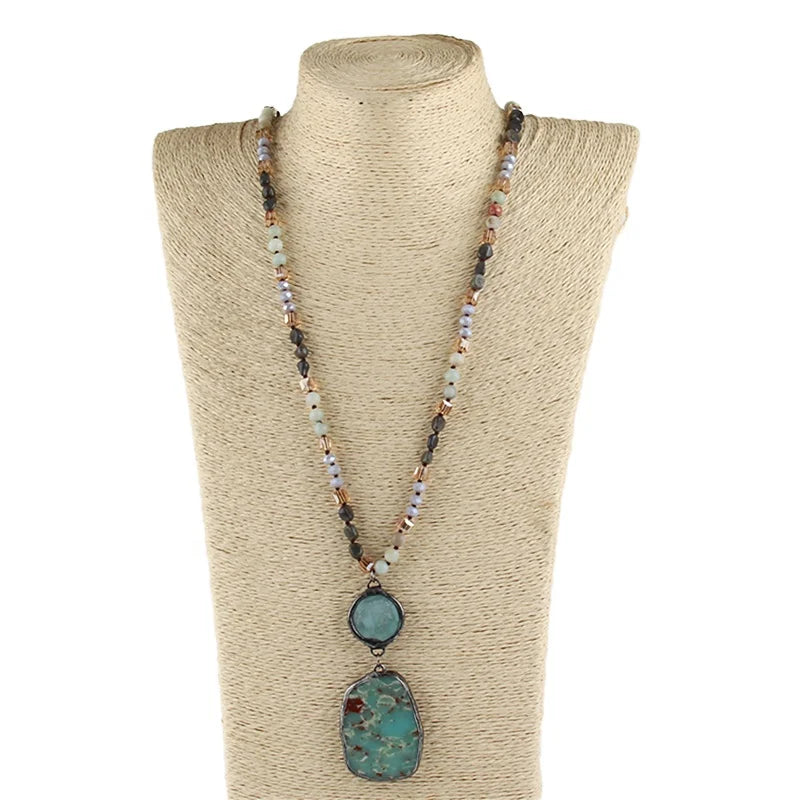 Fashion Bohemian Handmade Jewelry 6mm Chip Stone Knotted  Glass Beads Necklace Link Round Rectangle Amazonite Pendant Necklaces