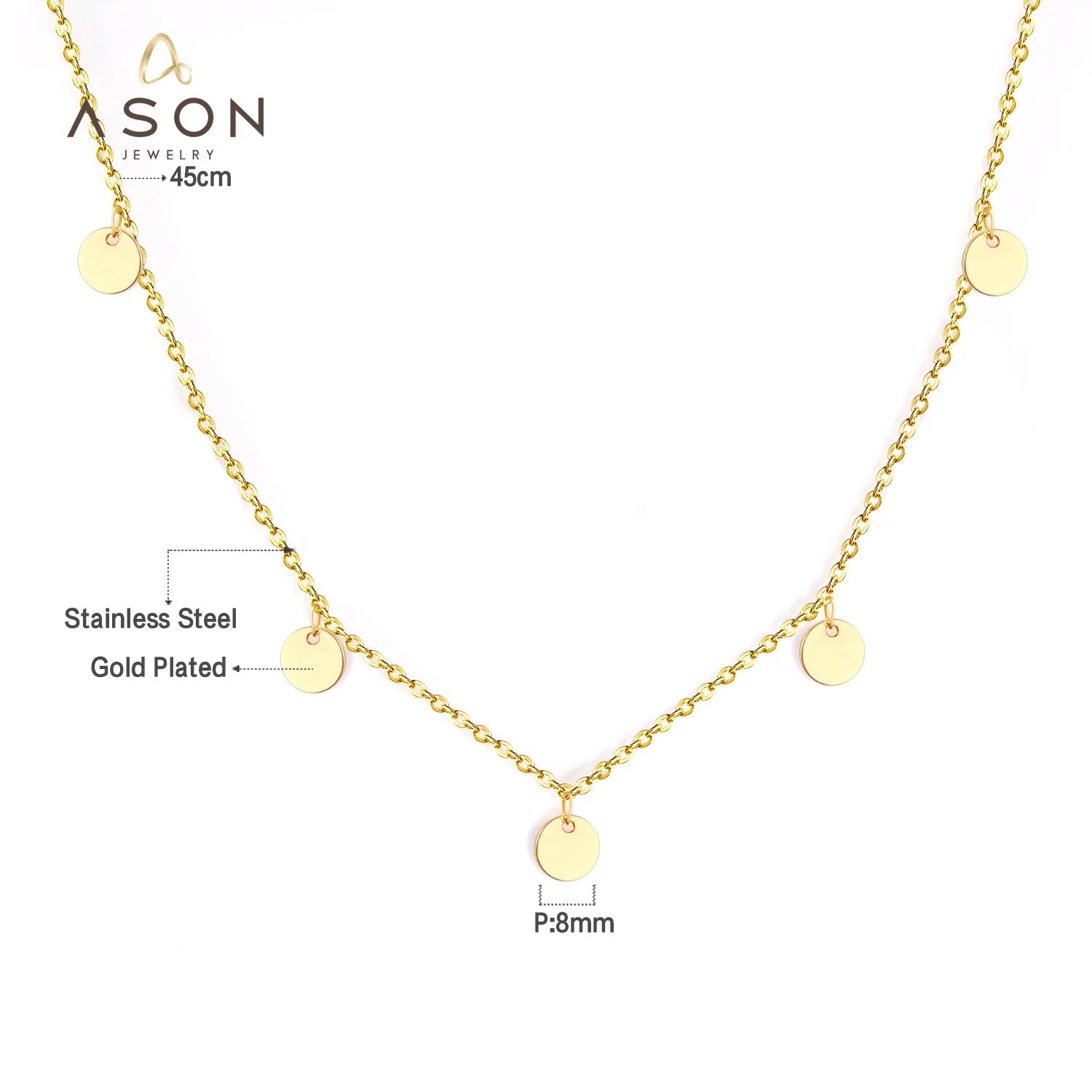 Ason Fashion Jewelry Custom Name Letter Stainless Steel Vintage Chain Necklace 18k Gold Plating Round Pendant Necklace for Women