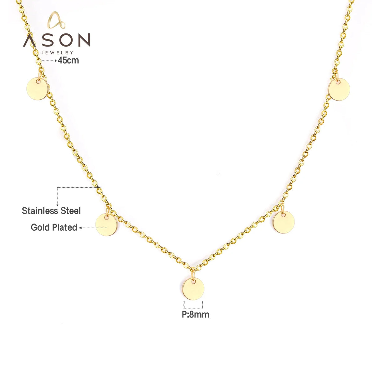 Ason Fashion Jewelry Custom Name Letter Stainless Steel Vintage Chain Necklace 18k Gold Plating Round Pendant Necklace for Women MegaBDM