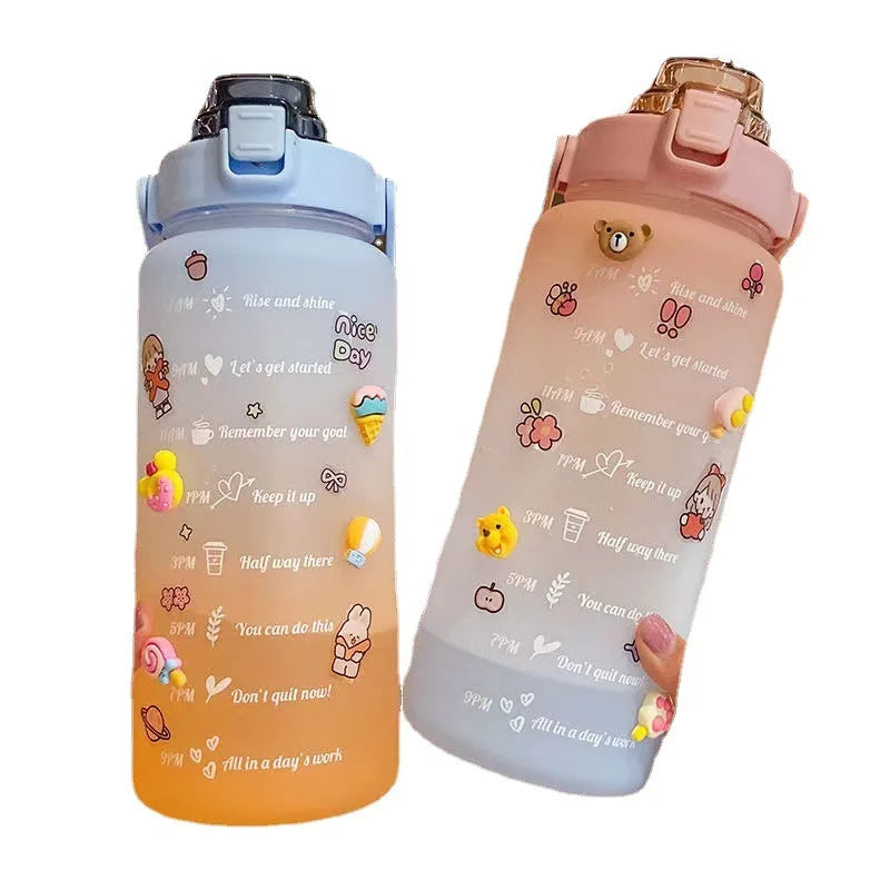 Half Gallon 64 Oz/2000ml Plastic Water Bottle With Straw Time Marker Handle Reusable Workout Gym Fitness Drink