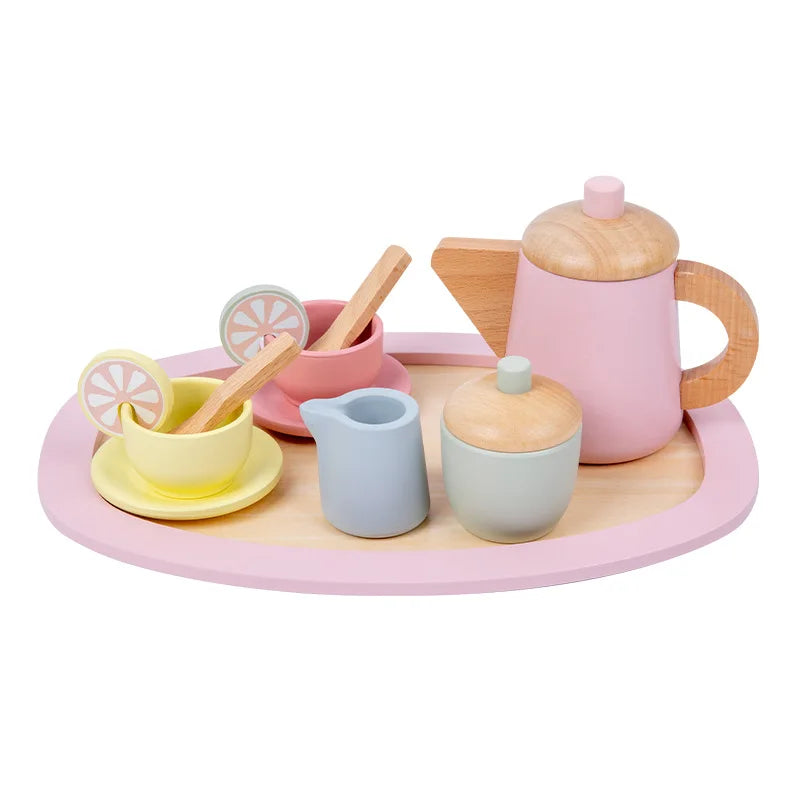 Wooden Simulation Pink Afternoon Tea Set Pretend Play Food Game Educational Kitchen Gift Toys for Girls and Kids