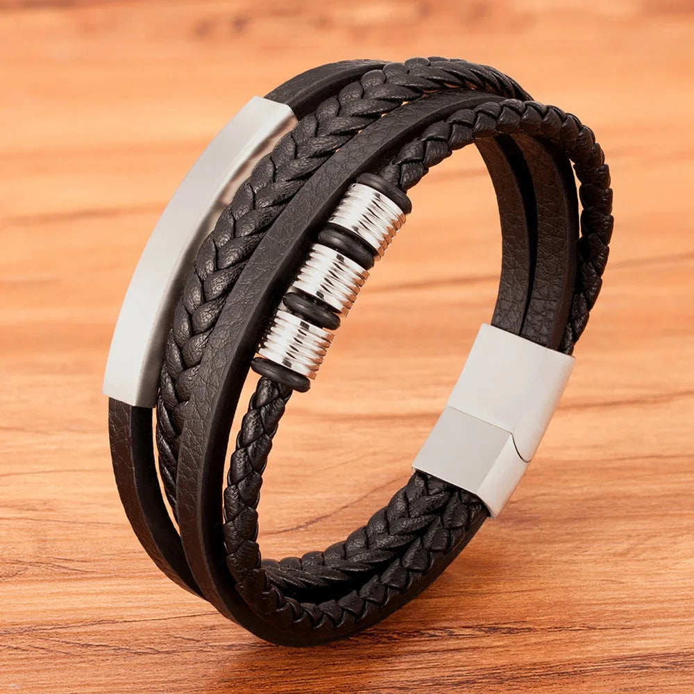 Hot Selling Multi-Layer Handmade Woven Genuine Leather Bracelet Men's Jewelry Stainless Steel Magnetic Clasp Leather Bracelet MegaBDM