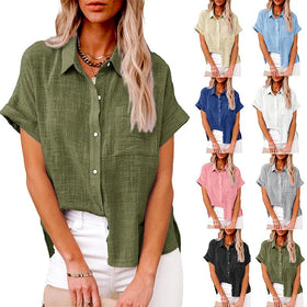 2024 New Large Size Women's Retro Knitted Eco-Friendly Regular Fit Shirt Short Sleeve Solid Color Printed Design Casual Tops