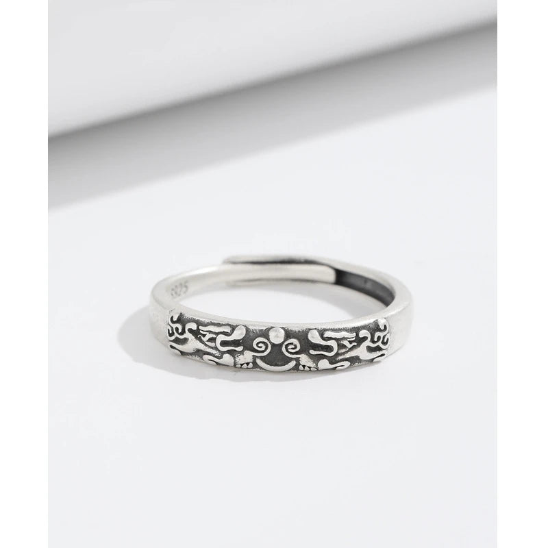 Personalized Jewelry S925 Sterling Silver Ring Vintage Thin Circle Carved Pattern Luck Pixiu Finger Ring for Men