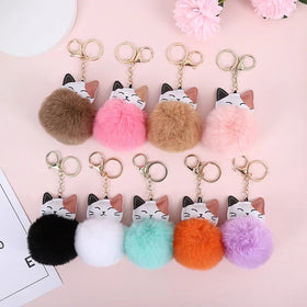 GT Customized Cute Adorable PU Lucky Cat Head Pom Pom Key Chain Fur Plush Cat Keychain