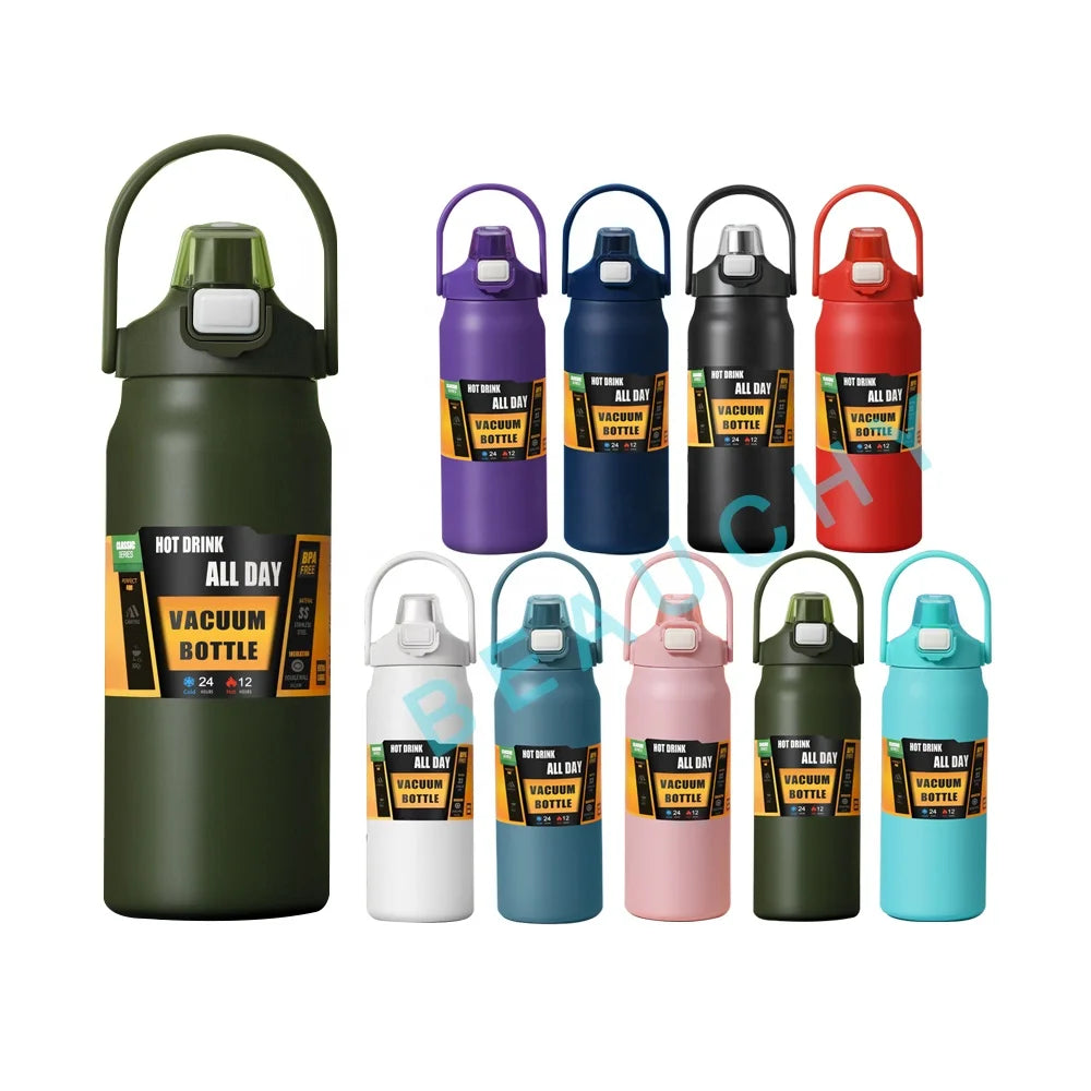 Beauchy 2024 New Design Wholesale 800ml 1000ml 1200ml 1.5L Cartoon Flask Vacuum Metal Water Bottle with Handle Straw for Adult