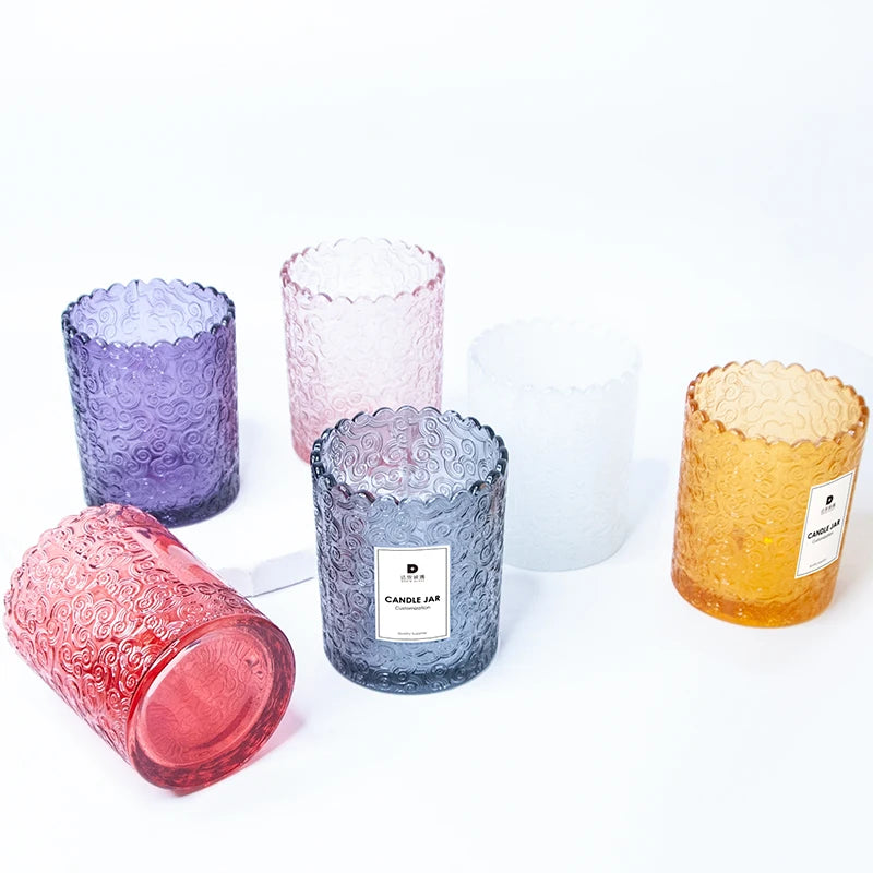 12oz Embossed Glass Candle Container 120/200/250/500ml White Candles Jars Metal Lid Home Party Wedding Christmas Decor Cylinder