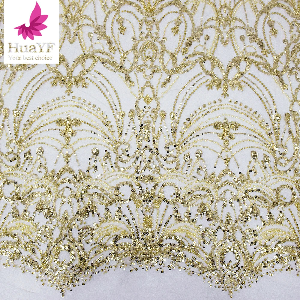 Hot Sale African Gold 3d Beaded Sequins Pearls Lace Fabric Wedding Bridal Dress Aso Ebi HY2219