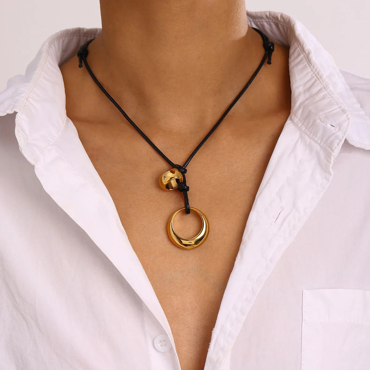 YuJin 18K Gold Silver Stainless Steel Bold Exaggerated Irregular Circle Pendant Necklace Adjustable Black Wax Rope Necklace