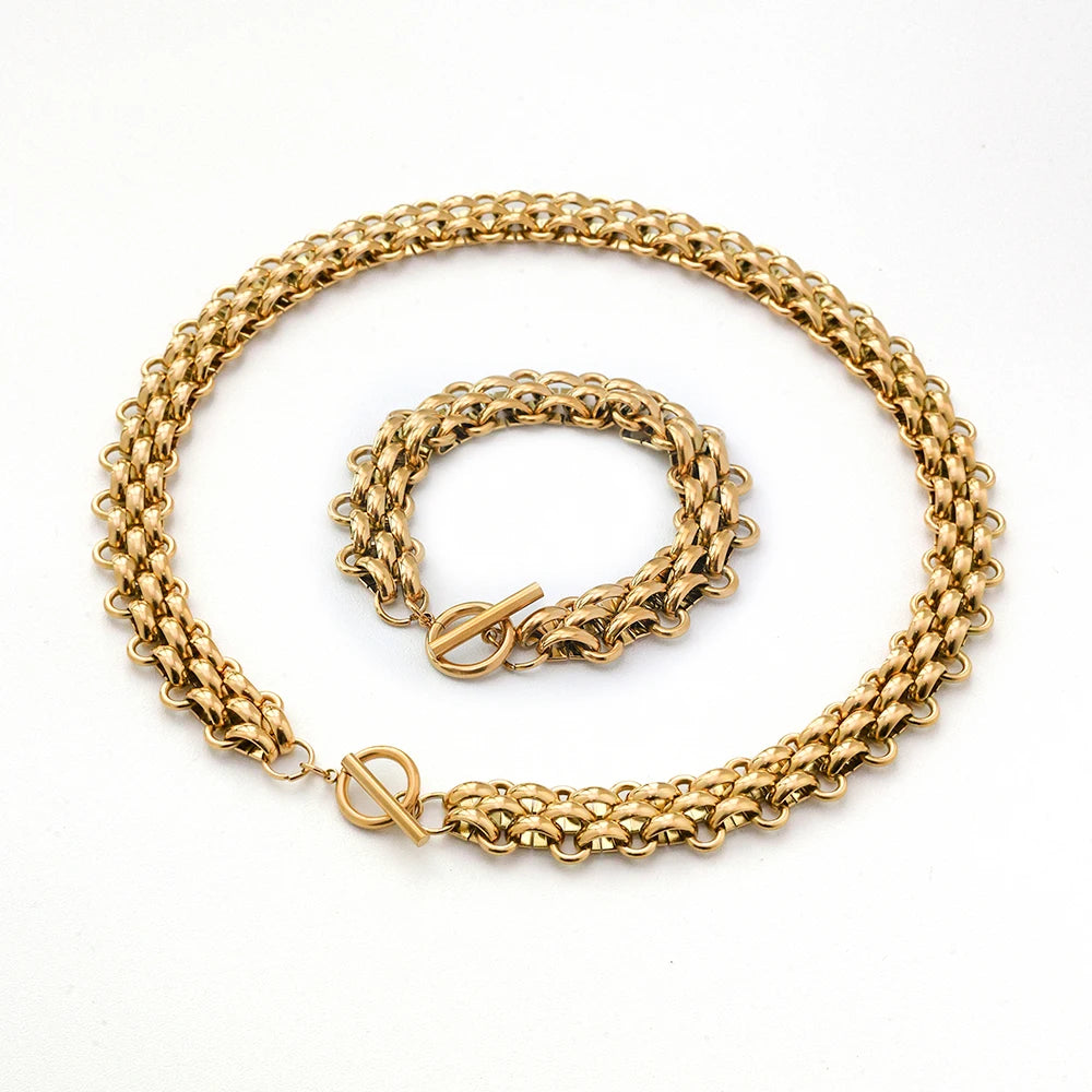 Vintage Jewelry Waterproof Tarnish Free 18K Gold Plated Stainless Steel Weaving Chunky Necklace Thick Bracelet Set YF3363