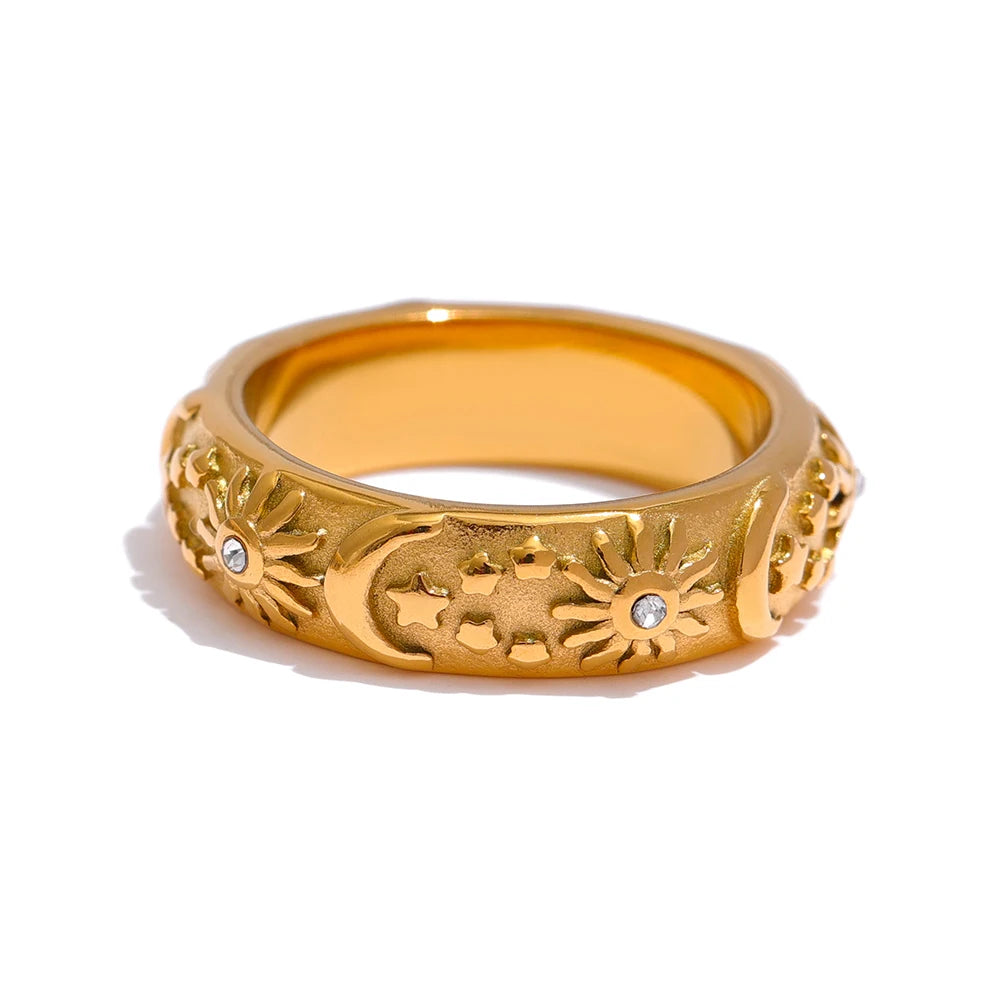 JINYOU 428 Waterproof Stainless Steel 18K Gold PVD Plated Sun Moon Star Celestial Ring Jewelry for Women
